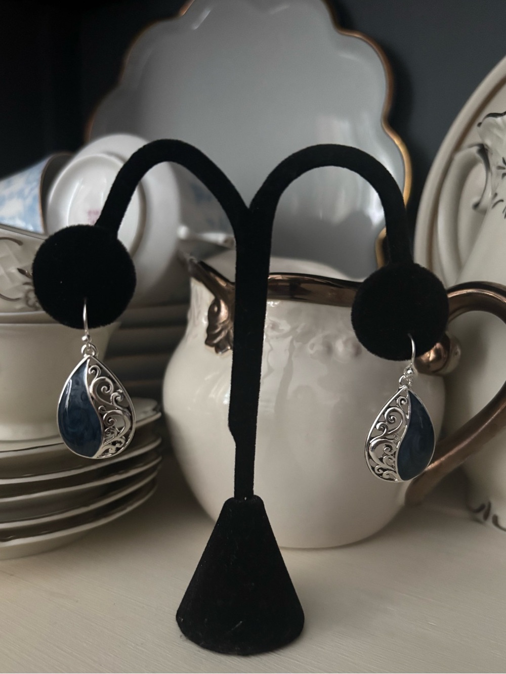 Dark Blue and Silver Teardrop Earrings